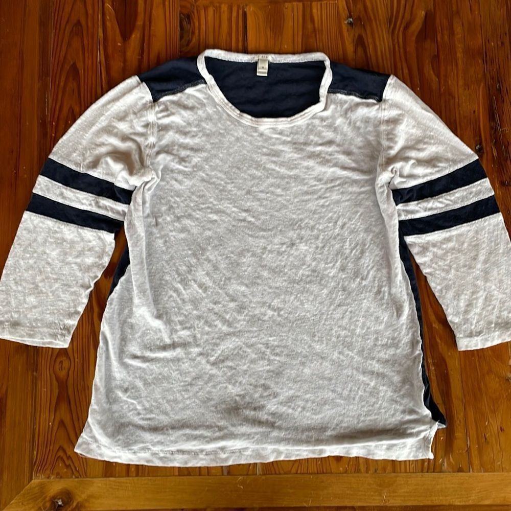 J. Crew White & Navy Linen Top